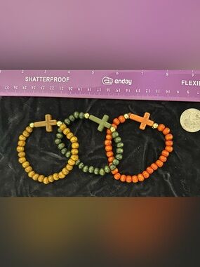 Handmade Beaded Cross Stretch Bracelet Bundle - Green, Orange, Yellow